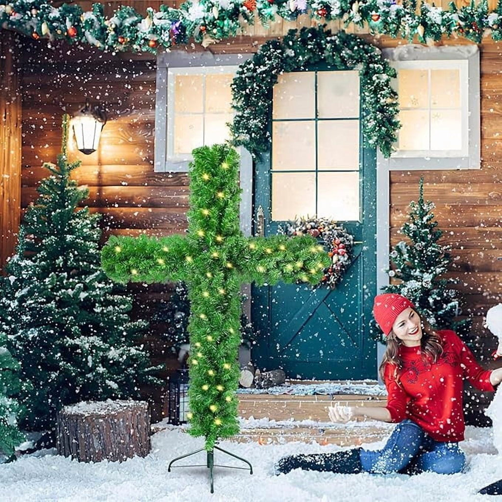 Faux Pre-Lit Cross Shaped Christmas Tree Cross, Exquisite Christmas Decorations (6FT-3 socks)