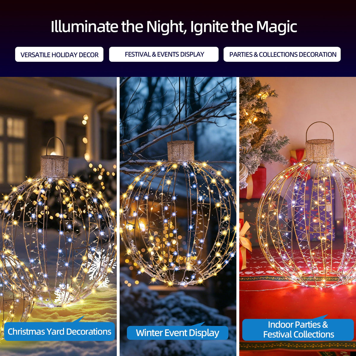 Starfree 24-inch Light Balls Lighted Christmas Yard Decor 3-Piece Christmas Hanging Ornaments LED Twinkling Tree Lights for Patio & Lawn