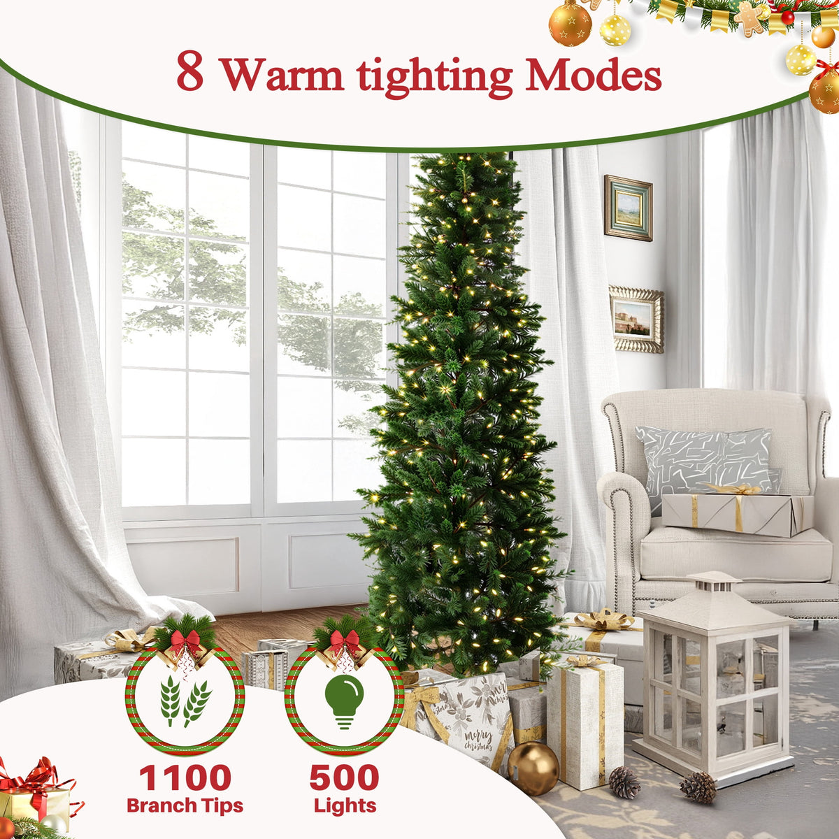 edx 9ft Pre-lit Pencil Christmas Tree, Green Artificial Spruce Slim Christmas Trees, With 500 LED Lights, 1100 Branch Tips & Foldable Base, For Home, Office, Party Decoration