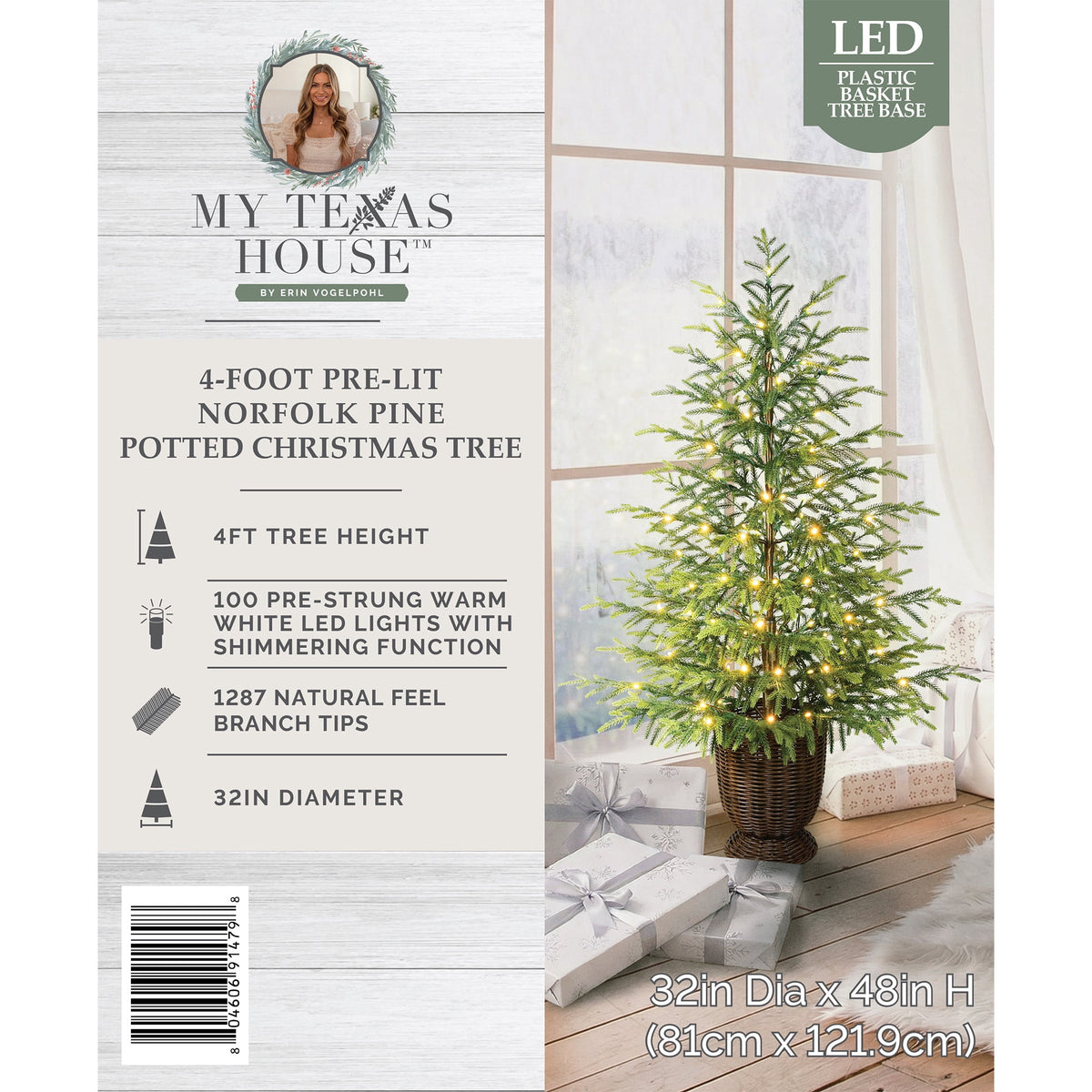 My Texas House 4ft Green Pre-lit Norfolk Pine Potted Christmas Tree, 100 Twinkle LED