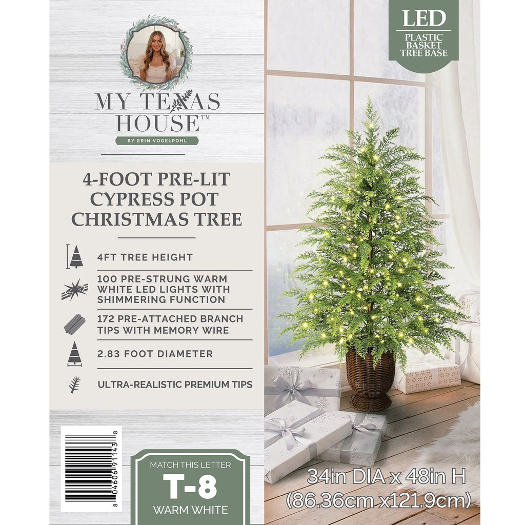 My Texas House 4' Pre-Lit Cypress Green Artificial Christmas Tree with 100 Warm White Twinkle LED Lights in Woven Basket