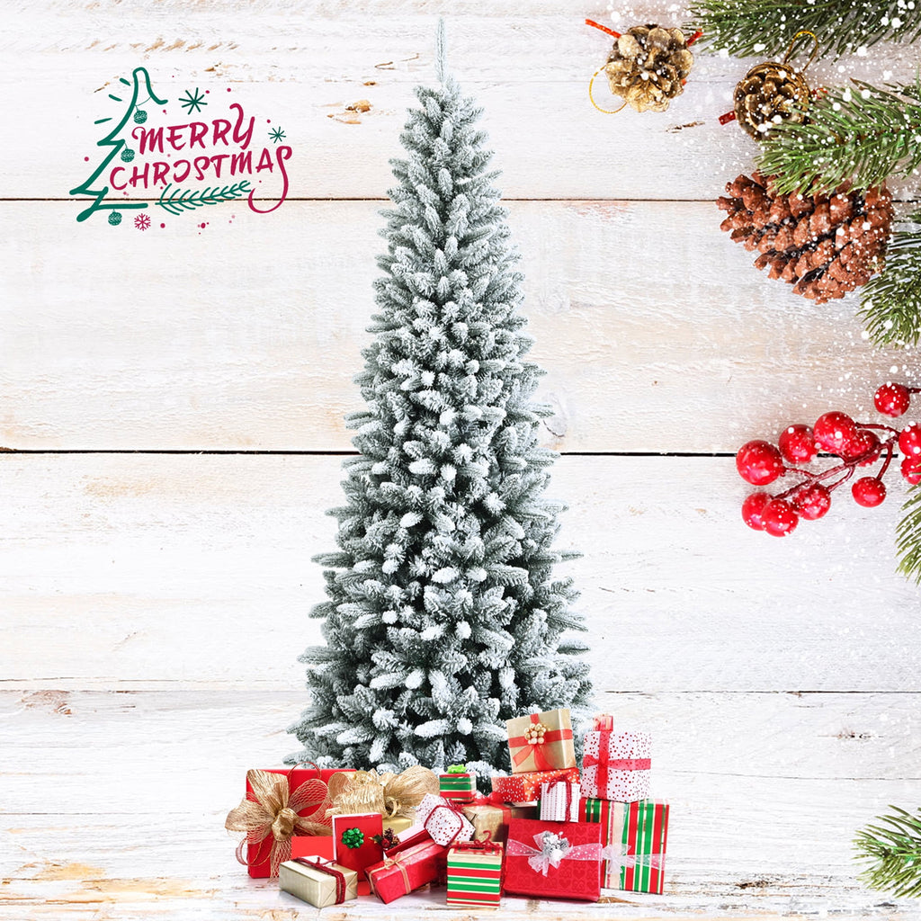 Gymax Green Snow Flocked Slim Pencil Unlit Artificial Christmas Tree, 7.5'