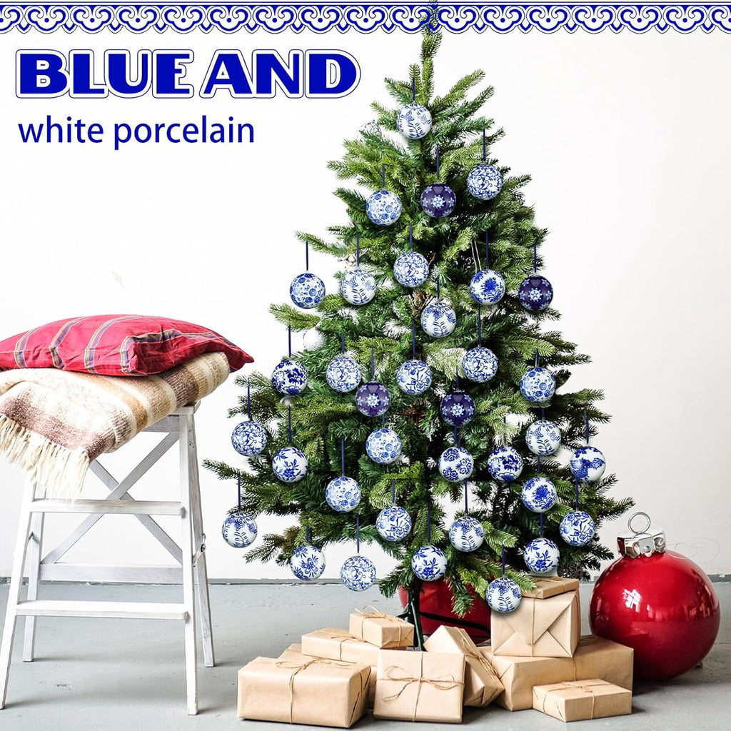 12 Pcs Chinoiserie Porcelain Ornaments for Christmas Tree White and Blue Porcelain Balls Ornaments 2.4 Inches Ceramic Hanging Balls Xmas Orbs with Ribbon for Home Decorations