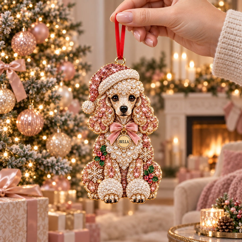 Jeweled Poodle Christmas Ornament With Pink Santa Hat