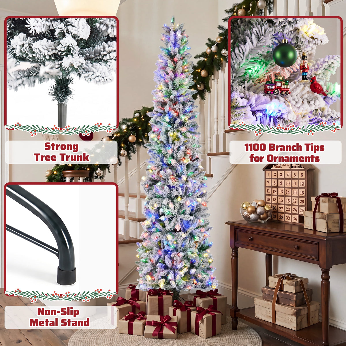 edx 9ft Pre-lit Pencil Christmas Tree, Green Artificial Spruce Slim Christmas Trees, With 500 LED Lights, 1100 Branch Tips & Foldable Base, For Home, Office, Party Decoration