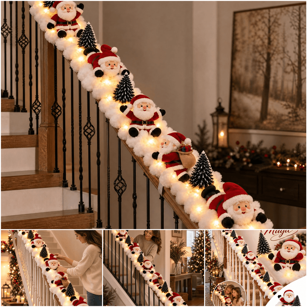 Lighted Christmas Stair Railing Garland Pack of 5 Santa Figures Snow Scene Ornament for Staircase Banister Indoor Display