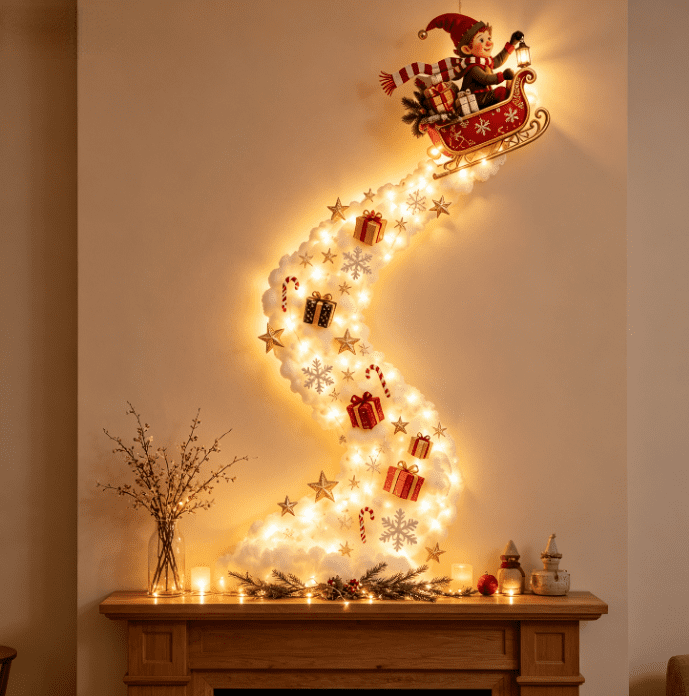 Lighted Christmas Stair Railing Garland Pack of 5 Santa Figures Snow Scene Ornament for Staircase Banister Indoor Display