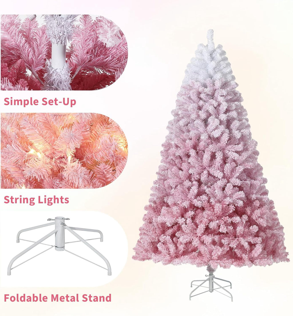 6FT Pre-Lit Snow Flocked Christmas Tree, Pink Gradient Design with 250 RGB & Warm White LED Lights, Sturdy Foldable Metal Stand for Living Room, Office & Holiday Display