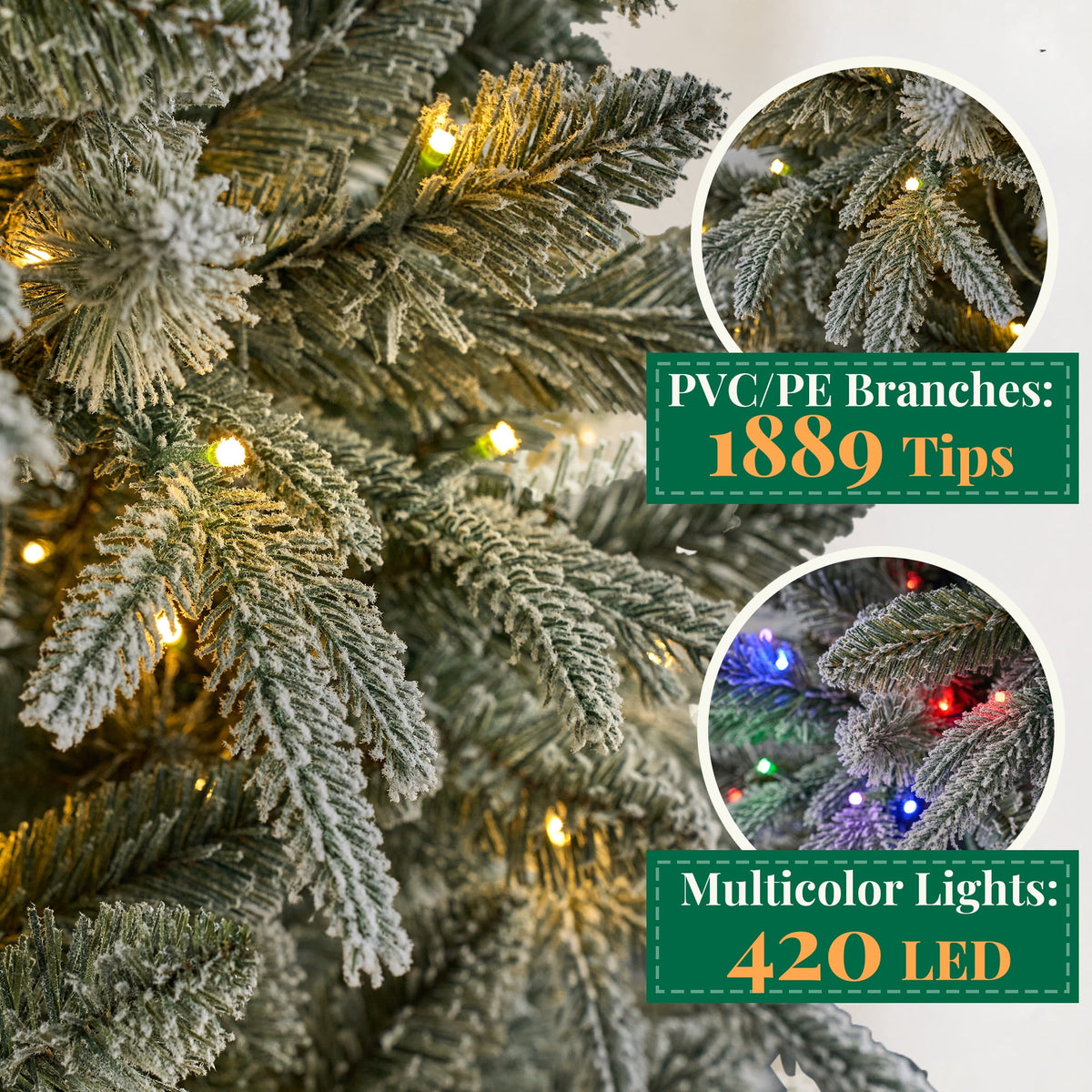 Goosiay 6 ft Pre-Lit Frosted Slim Aspen Fir Artificial Christmas Tree, PE & PVC Branches, 200 Warm White & Multicolor Lights, 10 Light Modes, 853 Branch Tips