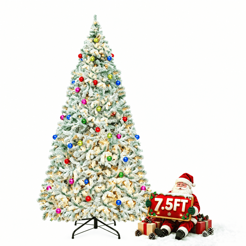 AUOSHI 7.5FT Snow Flocked Christmas Tree, Artificial White Christmas Tree with Large Storage Bag,11 Modes Warm White & Multicolor LED Lights,Indoor Holiday Home Decor