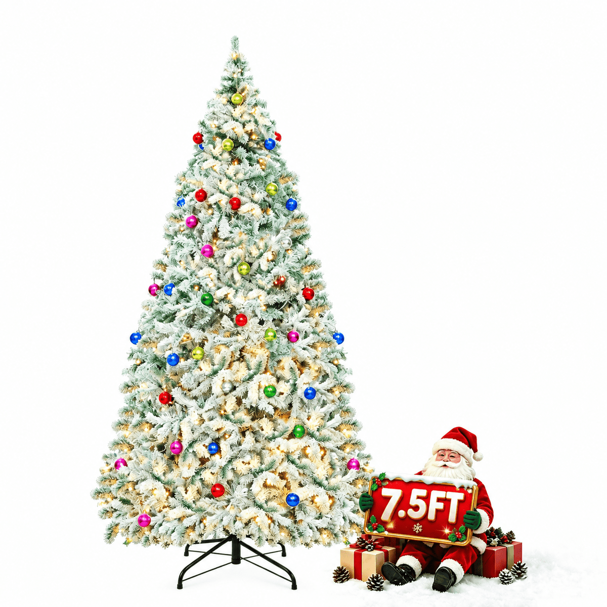 AUOSHI 7.5FT Snow Flocked Christmas Tree, Artificial White Christmas Tree with Large Storage Bag,11 Modes Warm White & Multicolor LED Lights,Indoor Holiday Home Decor
