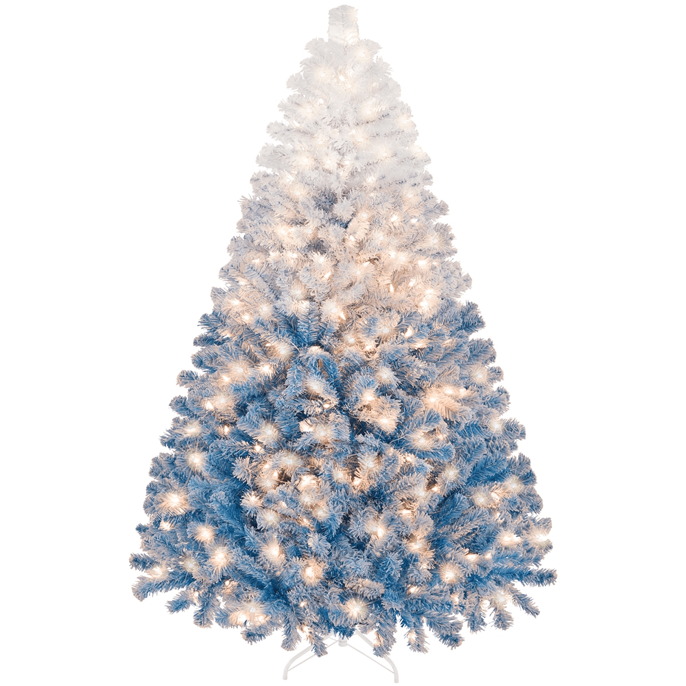 Alden Design 7.5 ft Pre-Lit Flocked Christmas Tree with Warm Lights, Frosted White