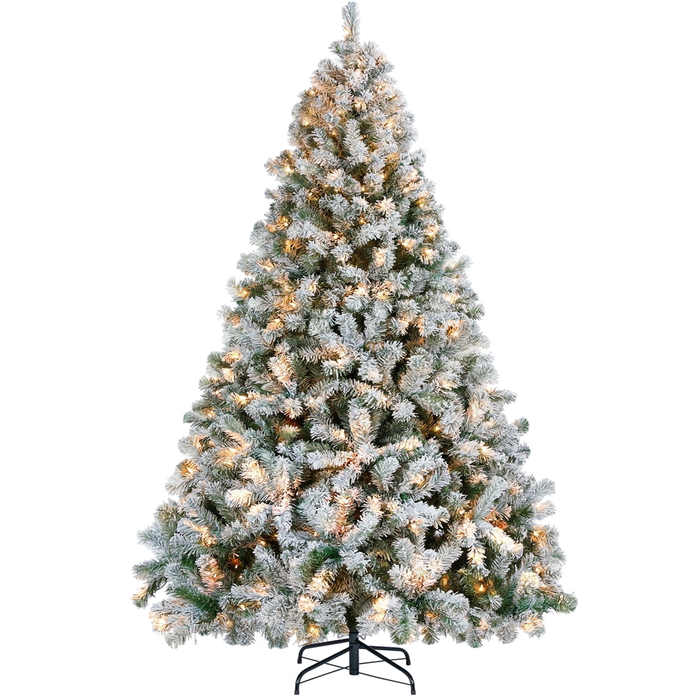 Alden Design 7.5 ft Pre-Lit Flocked Christmas Tree with Warm Lights, Frosted White