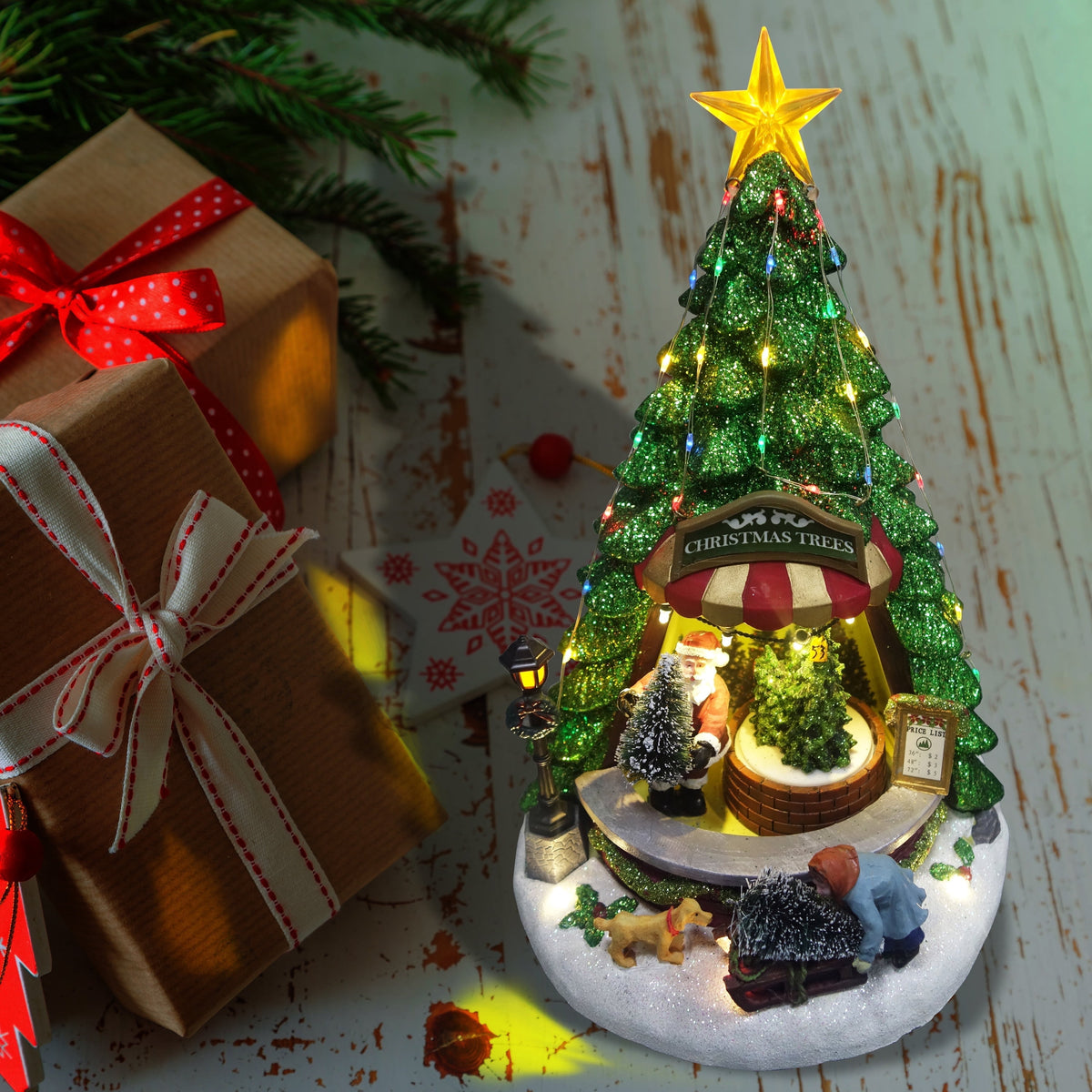 Alpine Corporation Animated Children Playing in Christmas Village Holiday Tabletop Decor with 26 Multicolor LED Lights and 5.9' Cord, 17" L x 11" W x 9" H
