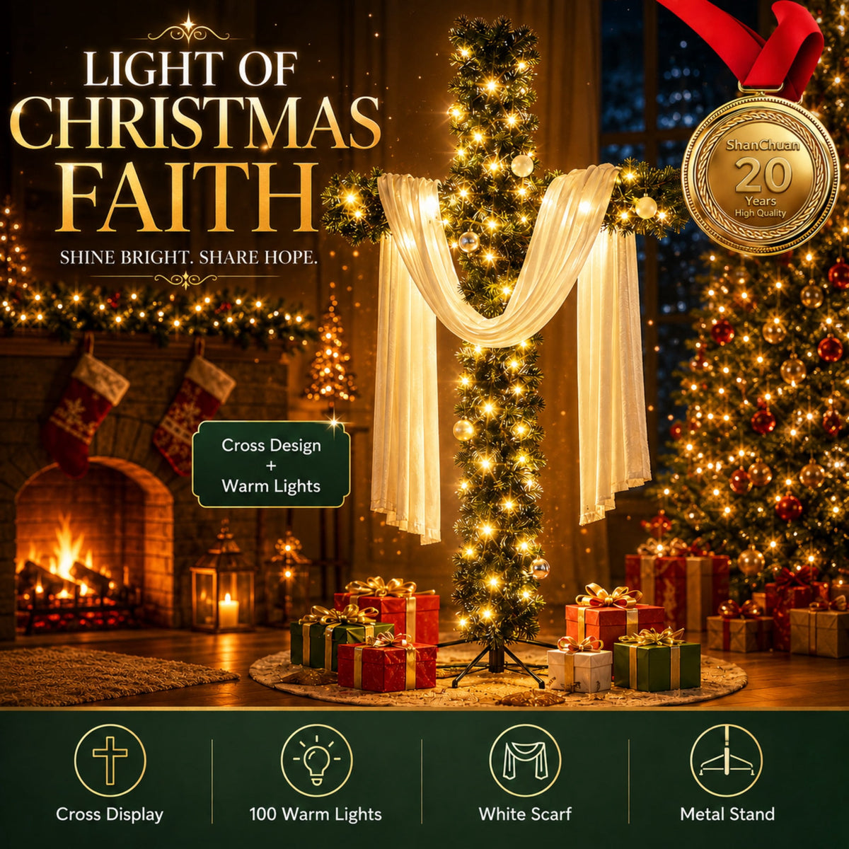 Artificial Cross Christmas Tree with Lights, White Scarf and Metal Stand
