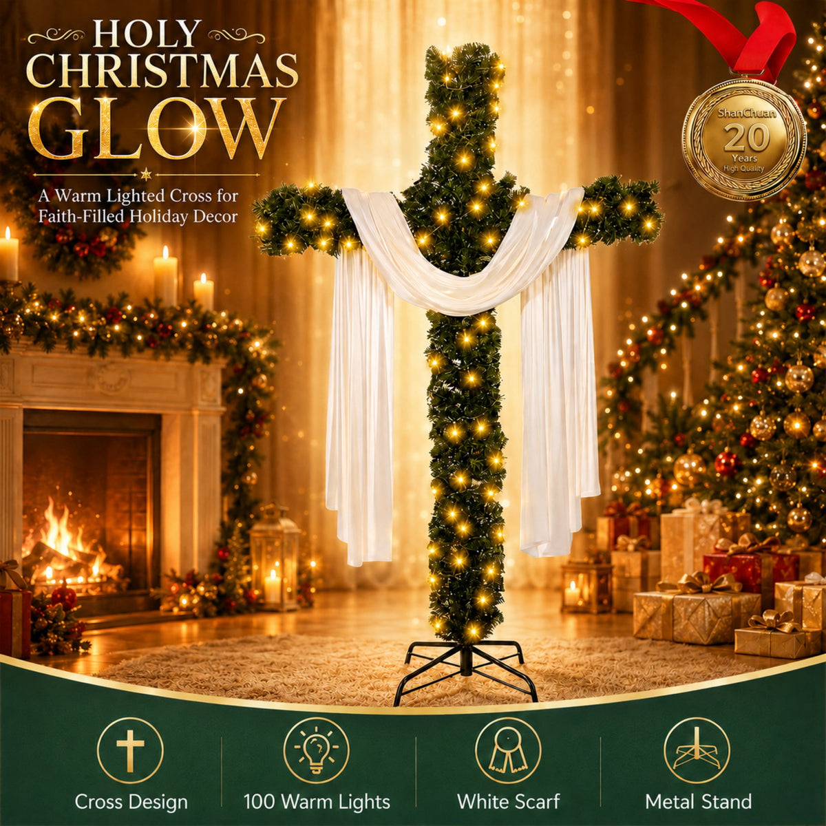 Artificial Cross Christmas Tree with Lights, White Scarf and Metal Stand