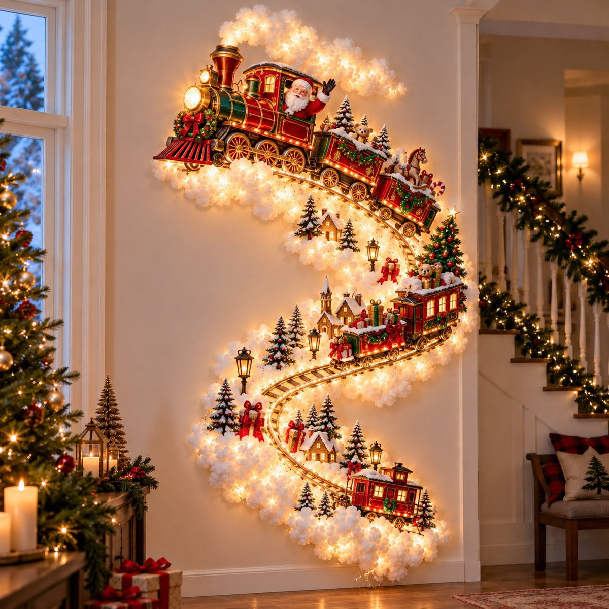 5Pcs Christmas Stair Banister Decoration Lighted Santa Snow Scene Garland for Stair Railing Indoor Holiday Home Ornament