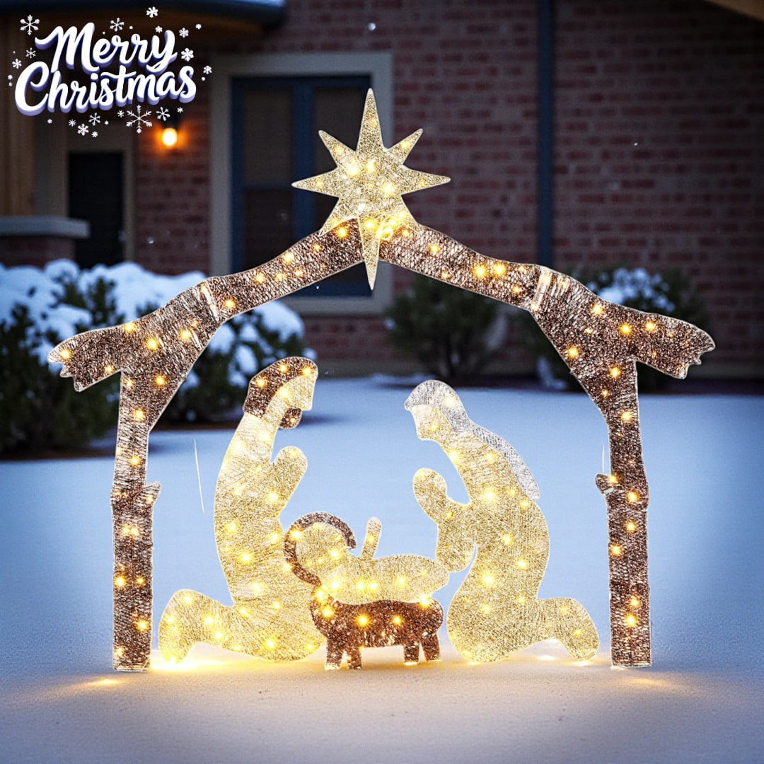 6ft Lighted Nativity Scene with 190 LED Warm White Lights – Silver Roof Garden Jesus Decoration, for Outdoor Christmas Decor