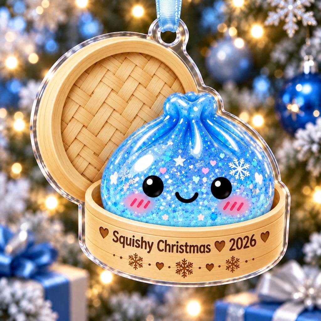 Christmas Ornament Blue Squishy Dumpling in Bamboo Steamer for Tree, Cute Squishy Lover Gift