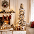 DRNEWI 6.5ft Prelit Snow Flocked Artificial Pencil Christmas Tree with Warm White Lights, Full Branch Tips, Perfect Choice Decoration for Xmas Holiday