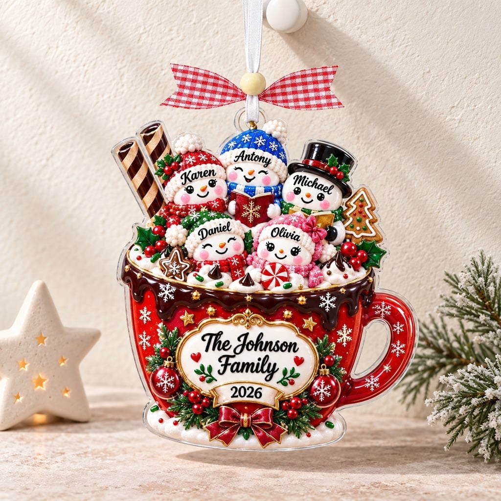 Family Ornament, Personalized Marshmallow Hot Cocoa Mug Design for Christmas Tree Decor and Holiday Keepsake