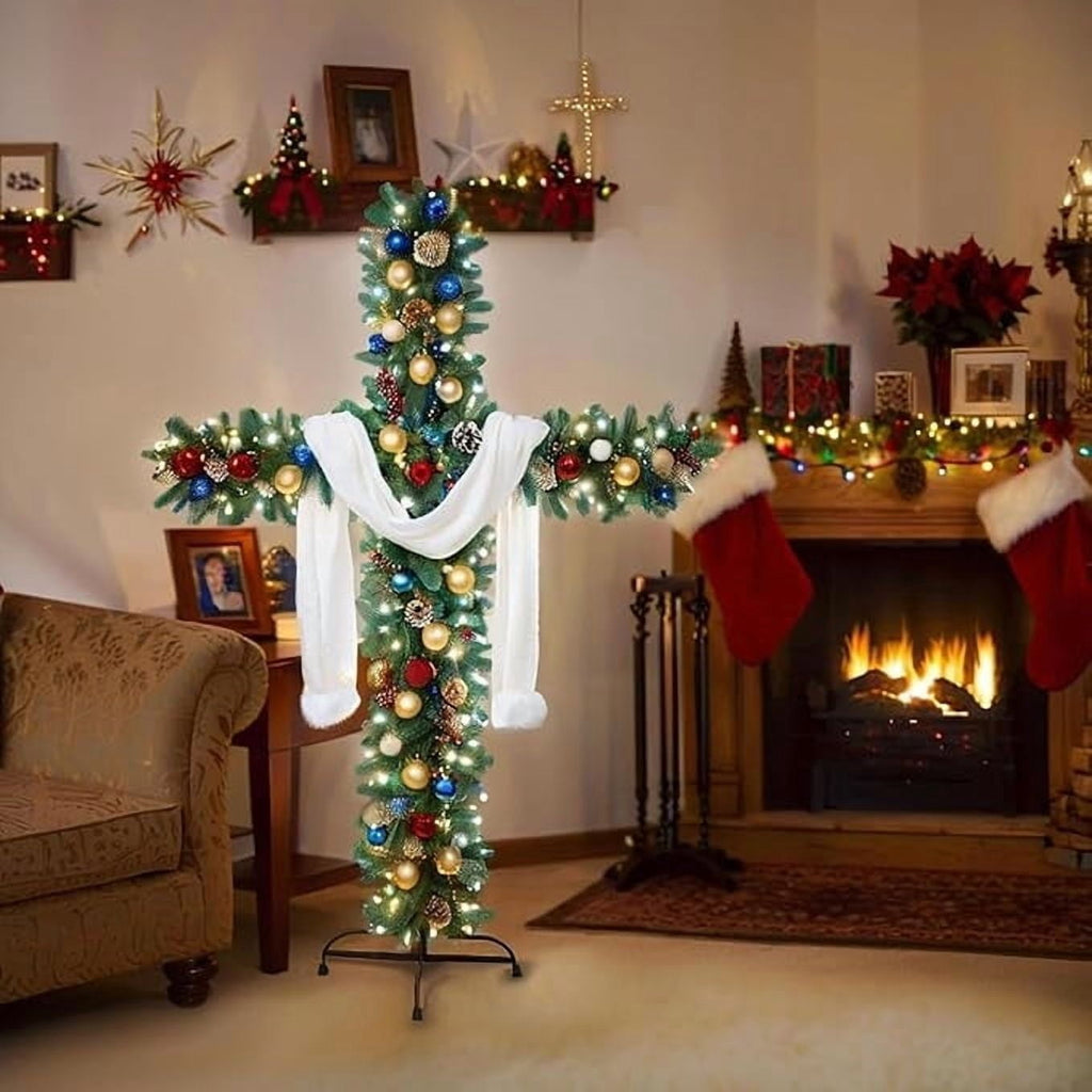 Faux Pre-Lit Cross Shaped Christmas Tree Cross, Exquisite Christmas Decorations (6FT-3 socks)