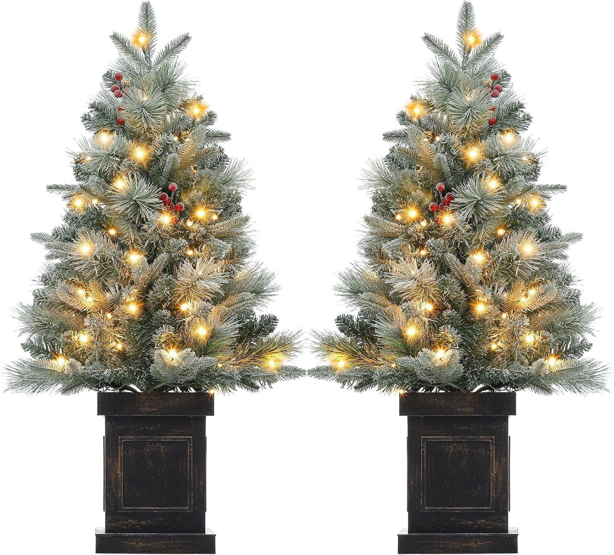 Flarhetoric 3FT Pre-Lit Snow Flocked Artificial Christmas Tree, 78 Warm White LEDs, 8 Lighting Modes, Red Berries, Easy Assembly, Tabletop Xmas Tree for Desk or Table Holiday Decor, Linen Base