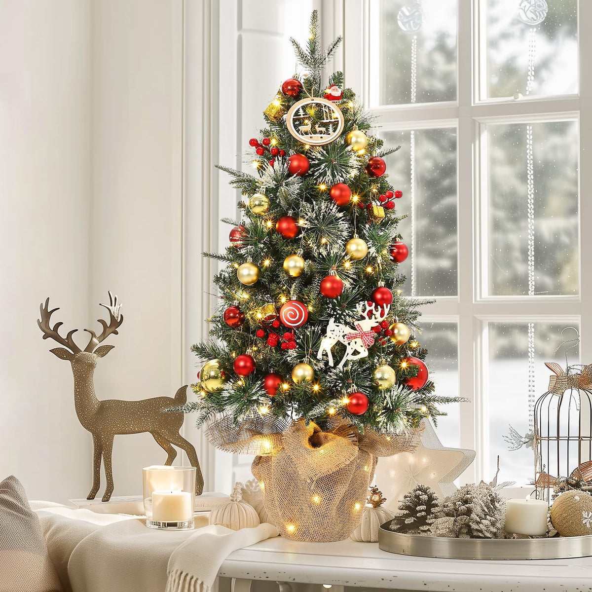Flarhetoric 3FT Pre-Lit Snow Flocked Artificial Christmas Tree, 78 Warm White LEDs, 8 Lighting Modes, Red Berries, Easy Assembly, Tabletop Xmas Tree for Desk or Table Holiday Decor, Linen Base
