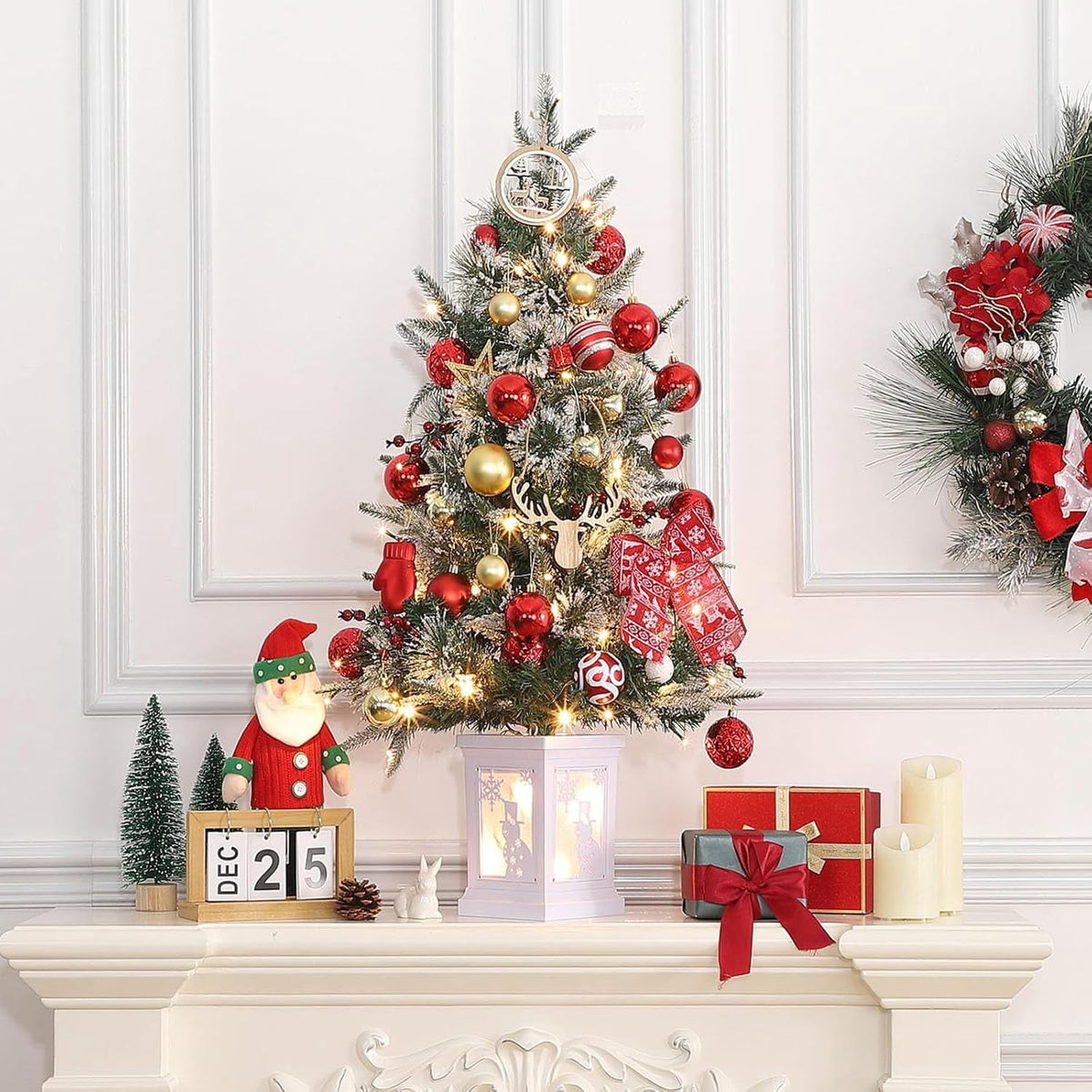 Flarhetoric 3FT Pre-Lit Snow Flocked Artificial Christmas Tree, 78 Warm White LEDs, 8 Lighting Modes, Red Berries, Easy Assembly, Tabletop Xmas Tree for Desk or Table Holiday Decor, Linen Base