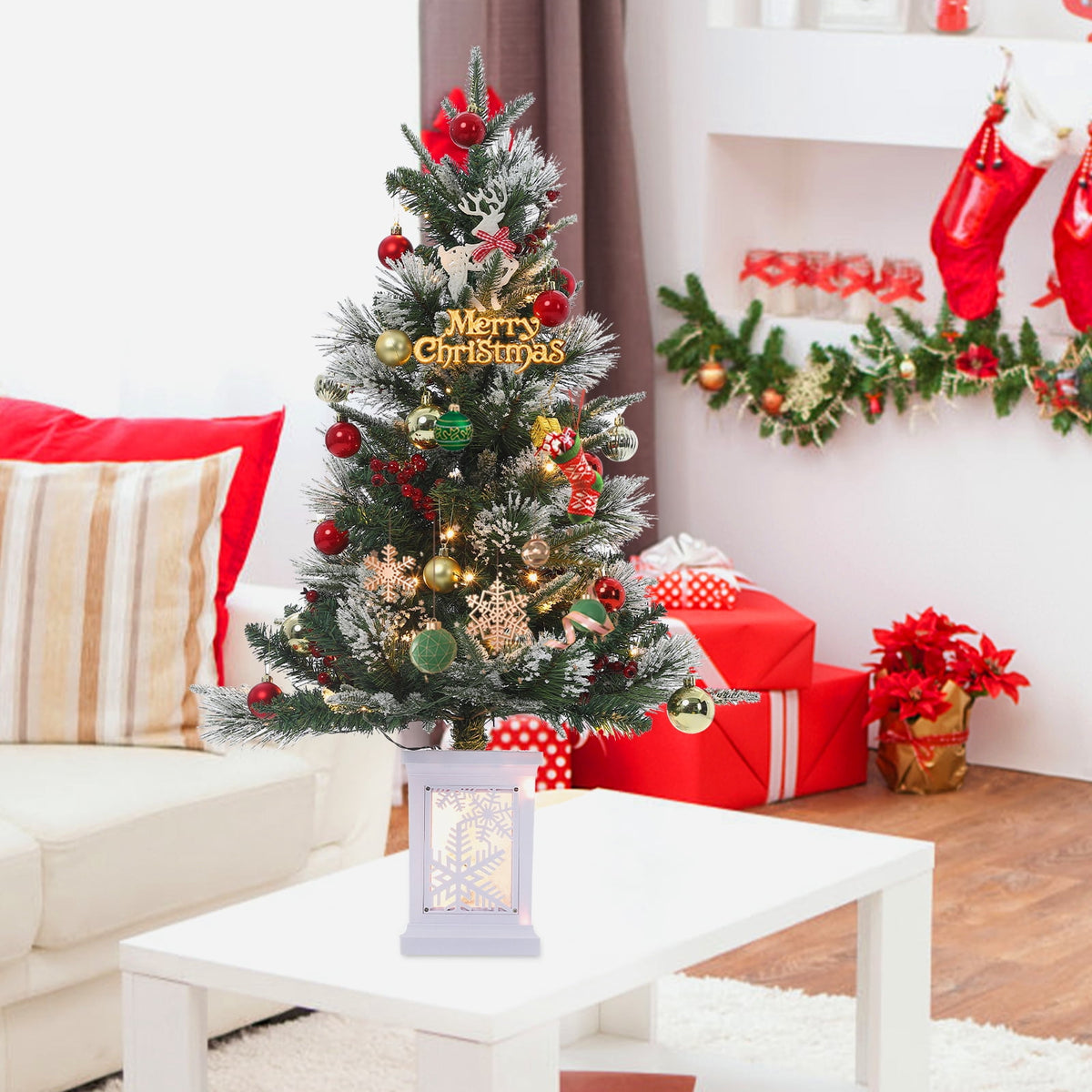 Flarhetoric 3FT Pre-Lit Snow Flocked Artificial Christmas Tree, 78 Warm White LEDs, 8 Lighting Modes, Red Berries, Easy Assembly, Tabletop Xmas Tree for Desk or Table Holiday Decor, Linen Base
