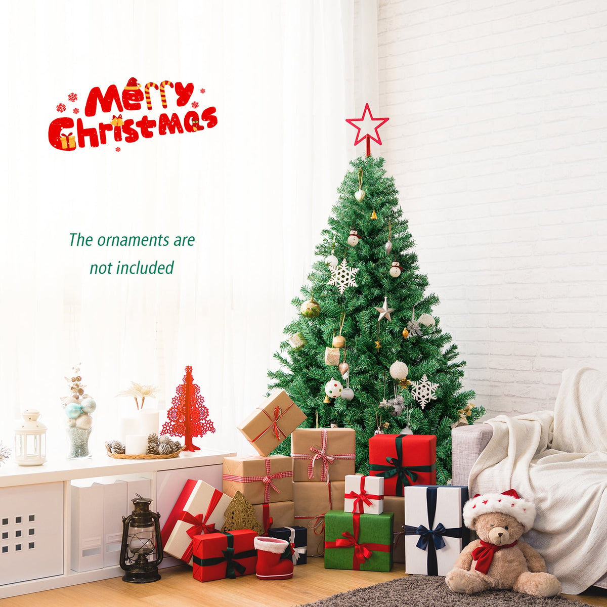 Gymax 7.5 ft Unlit Artificial Christmas Tree Hinged Spruce Xmas Tree w/ Metal Stand