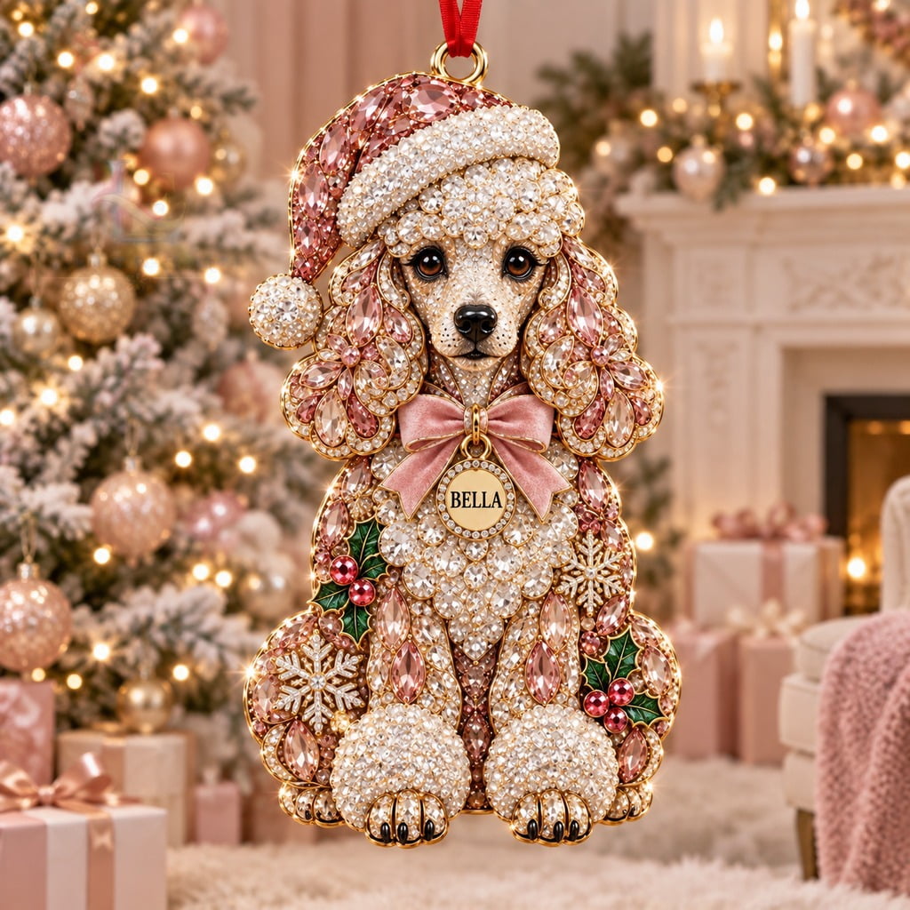 Jeweled Poodle Christmas Ornament With Pink Santa Hat