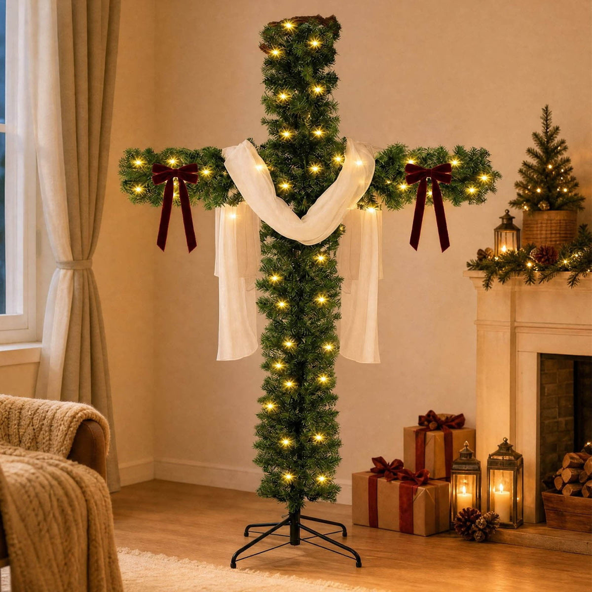 Loyerfyivos 6Ft Pre-Lit Christmas Crosses Tree Artificial Christmas Cross Tree Artificial Xmas Tree with LED Light and Christ Crown Silk Scarf Wood Rattan Ring for Home Decor Celebrate Lord Savio