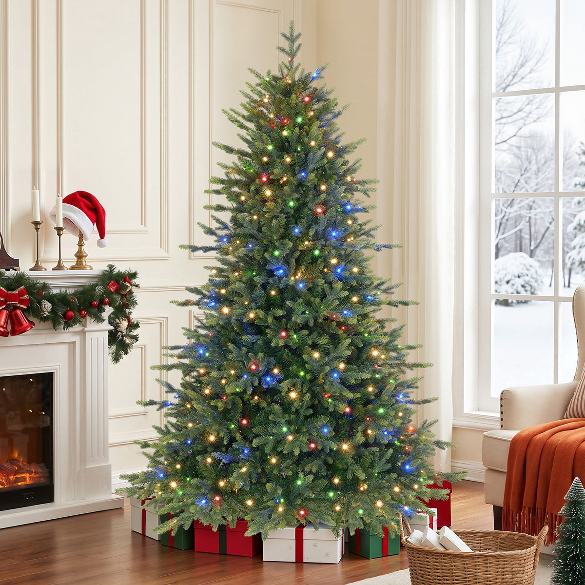 Lolsea 7ft Prelit Noble Fir Artificial Christmas Tree with Remote Control, Timer and Warm White & Multi-Color Lights