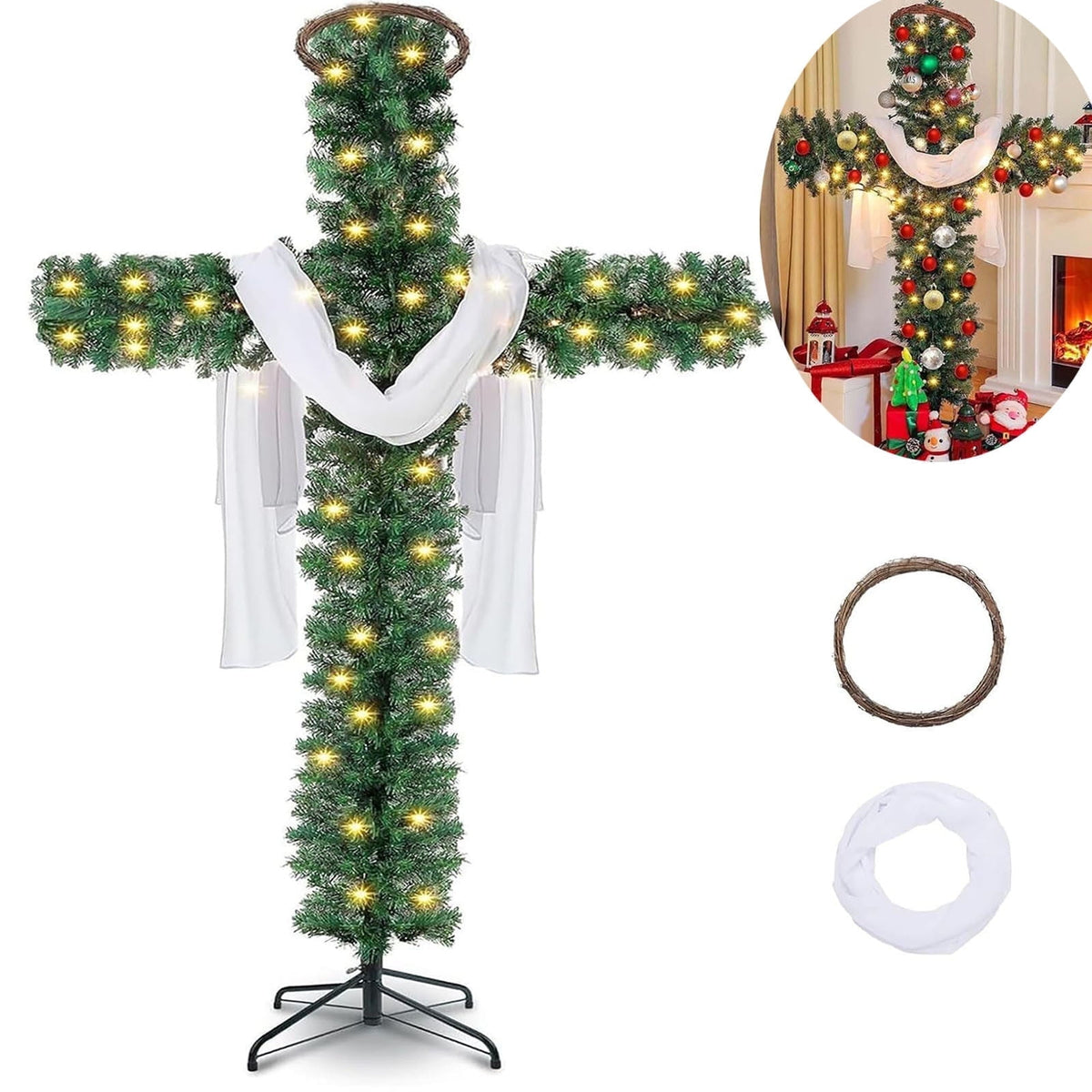 Loyerfyivos 6Ft Pre-Lit Christmas Crosses Tree Artificial Christmas Cross Tree Artificial Xmas Tree with LED Light and Christ Crown Silk Scarf Wood Rattan Ring for Home Decor Celebrate Lord Savio