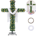 Loyerfyivos 6Ft Pre-Lit Christmas Crosses Tree Artificial Christmas Cross Tree Artificial Xmas Tree with LED Light and Christ Crown Silk Scarf Wood Rattan Ring for Home Decor Celebrate Lord Savio