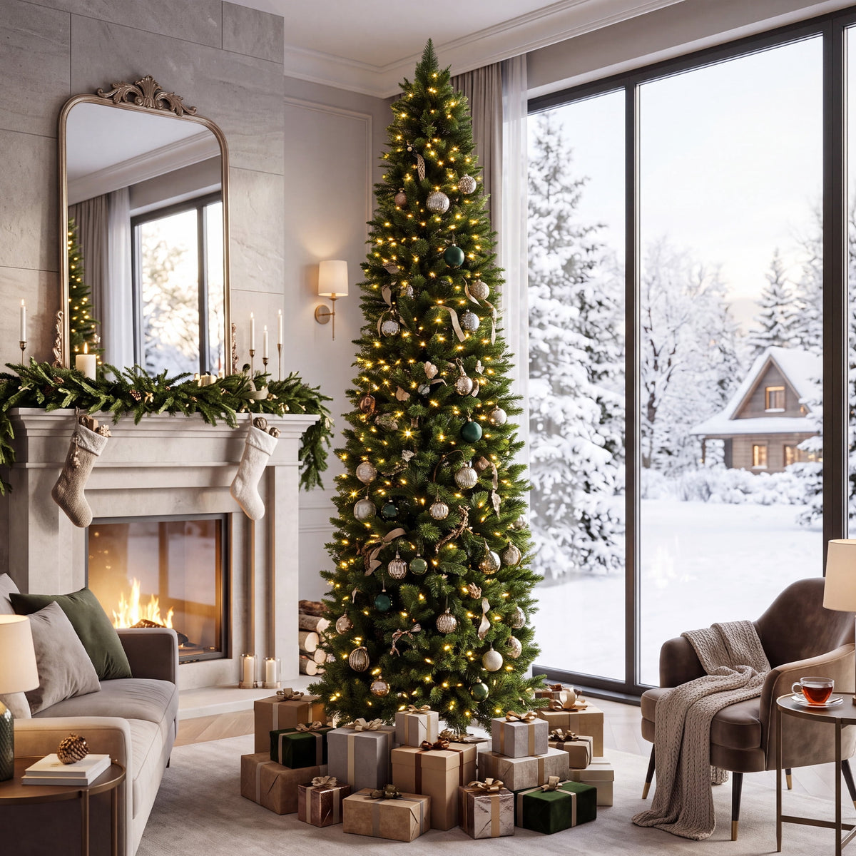 JIOABL 9-Foot Pre-Lit Fraser Fir Pencil Artificial Christmas Tree, Offering 8 Warm Light Modes, Green