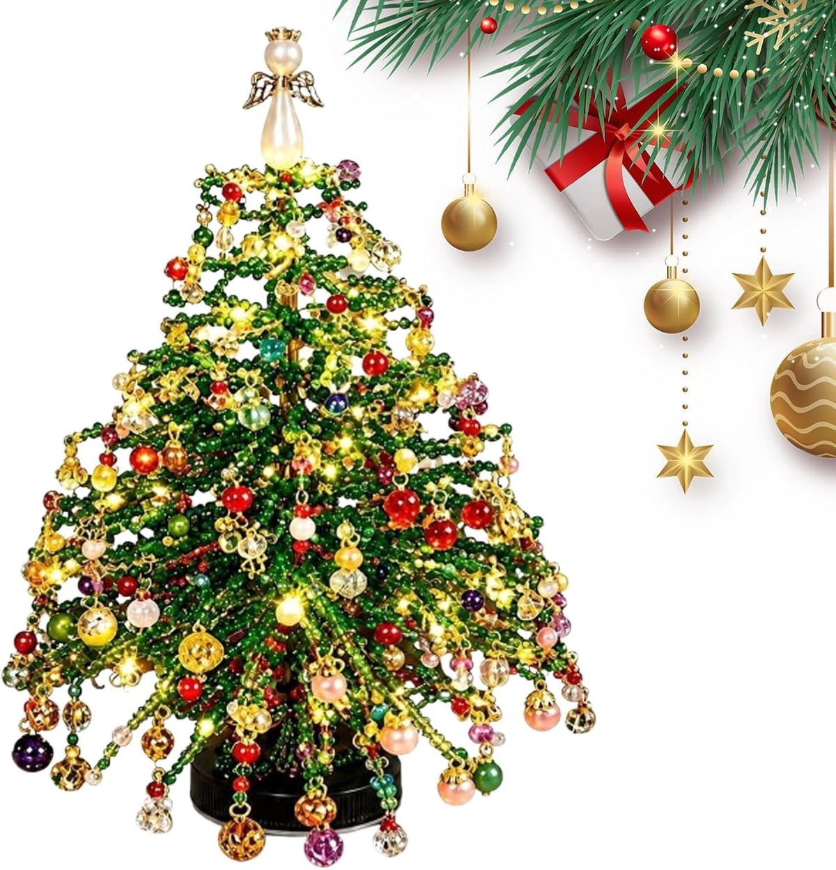 MerriBead Christmas Tree, DIY Beaded Christmas Tree Kit with Lights, Handmade Mini Desk Bead Art Holiday Decoration