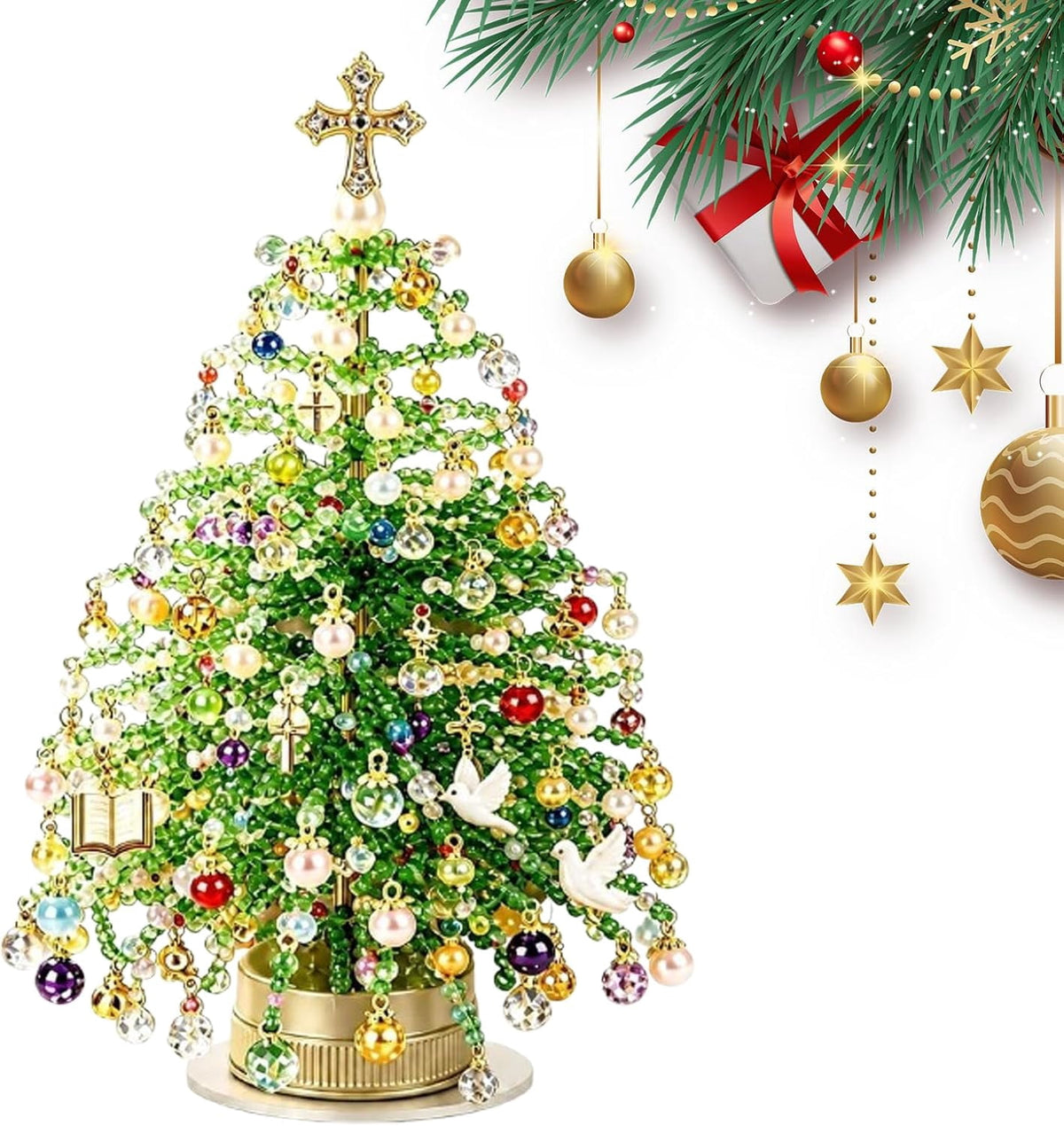 MerriBead Christmas Tree, DIY Beaded Christmas Tree Kit with Lights, Handmade Mini Desk Bead Art Holiday Decoration