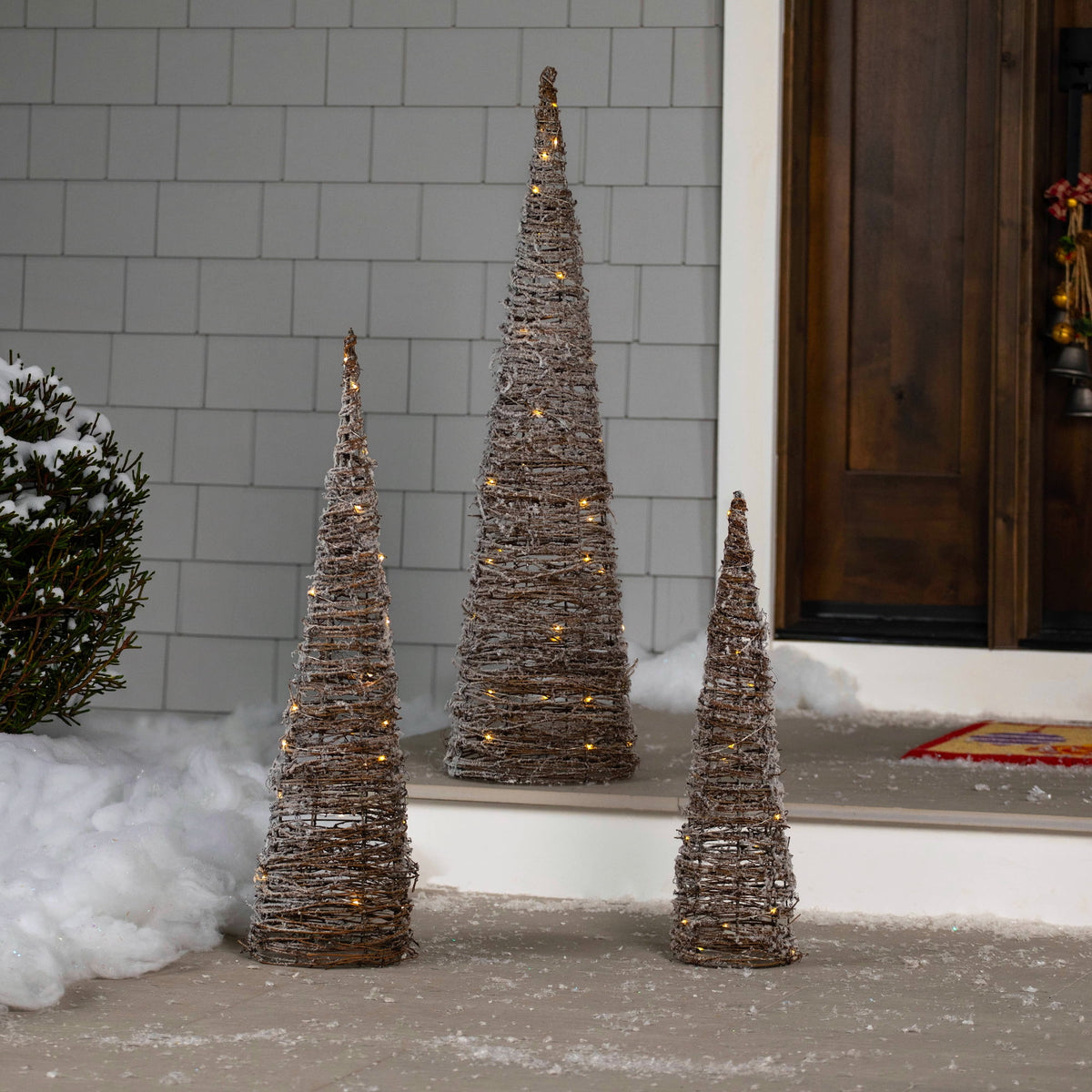 Northlight LED Lighted Snowy Rattan Christmas Cone Tree Decorations - 39.5" - Set of 3