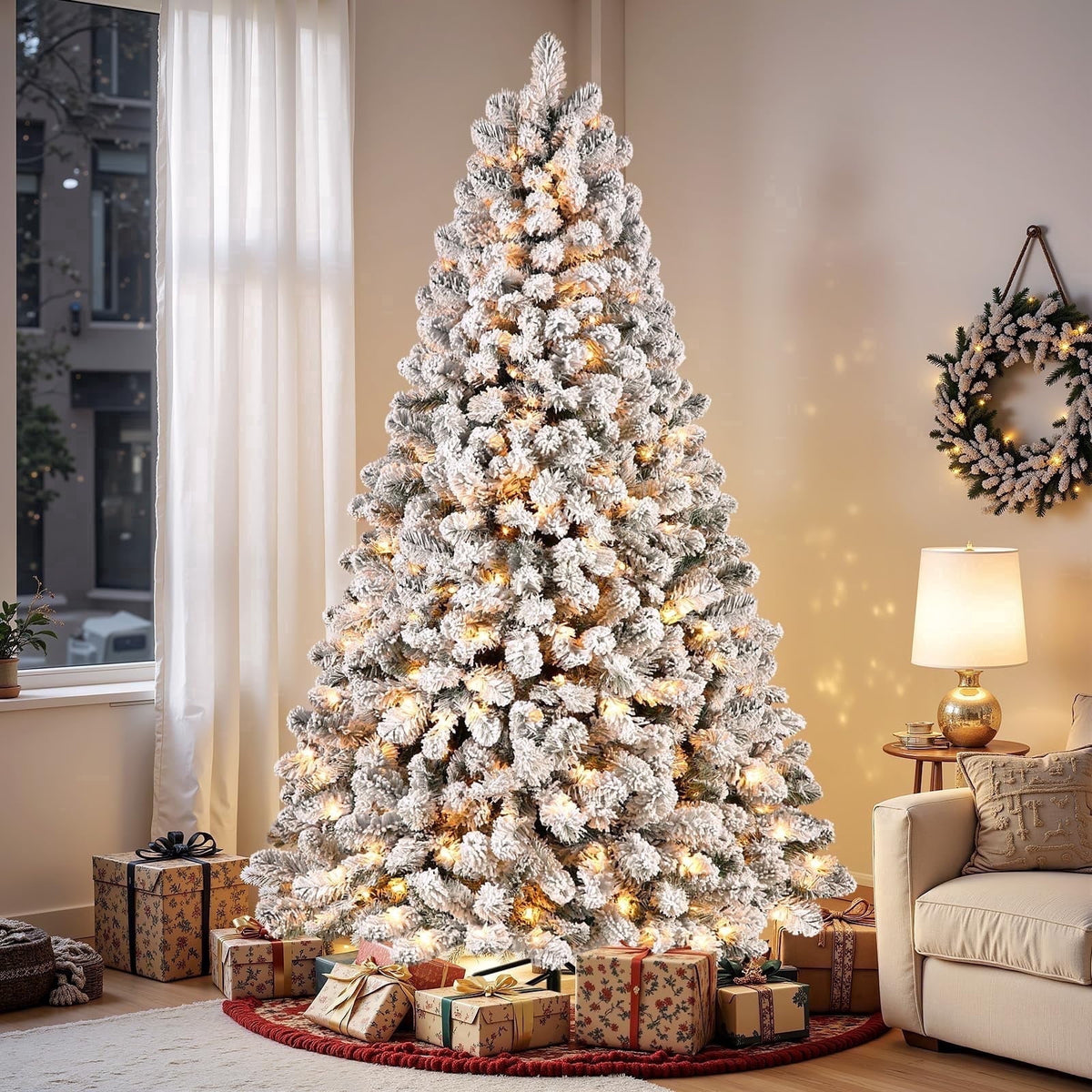 Lolsea 7ft Prelit Snow Flocked Artificial Holiday Christmas Tree w/ Warm White Lights, Foldable Stand, Full Snow Branch Tips