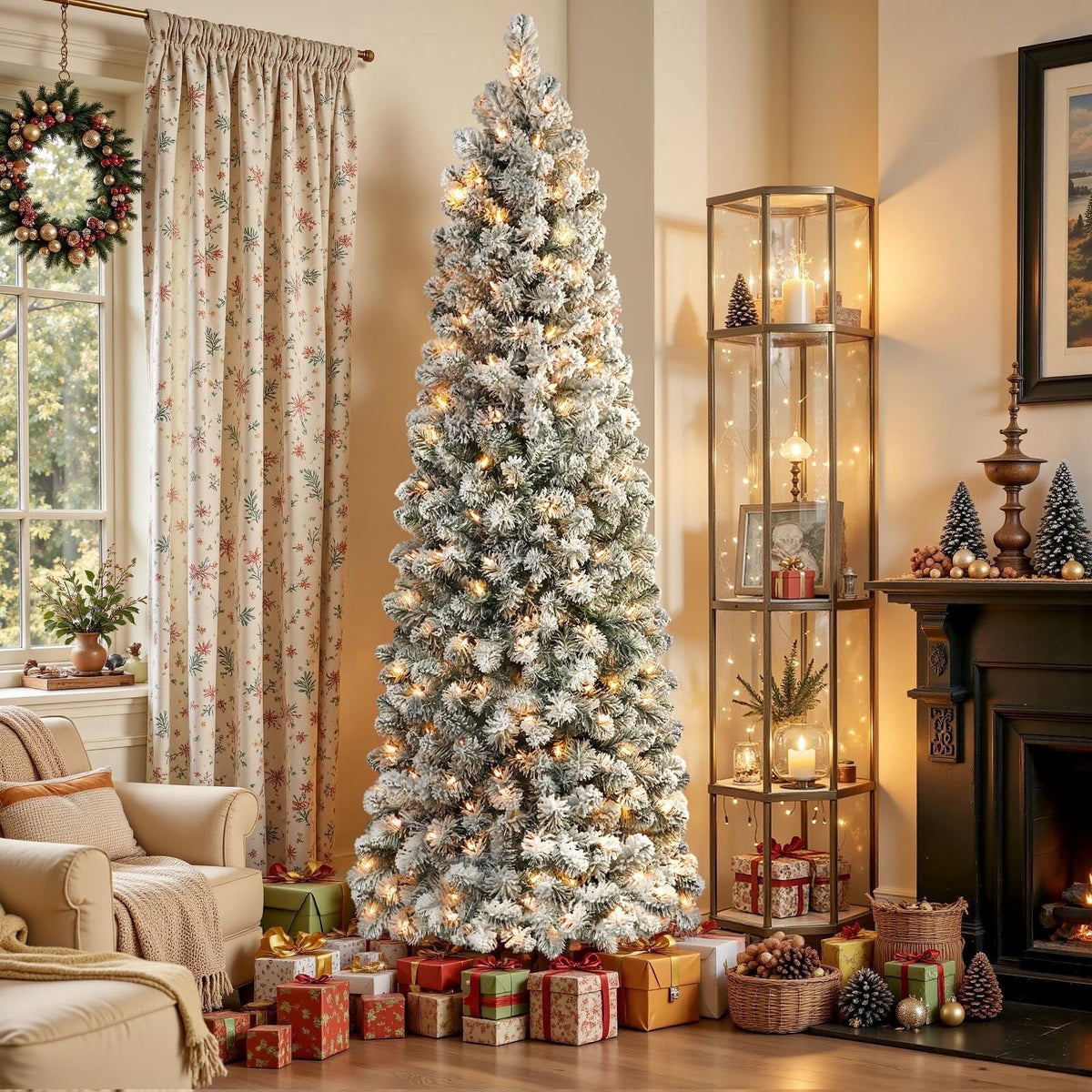 Lolsea 7ft Prelit Snow Flocked Artificial Pencil Christmas Tree with Warm White Lights, Full Branch Tips, Perfect Choice Decoration for Xmas Holiday