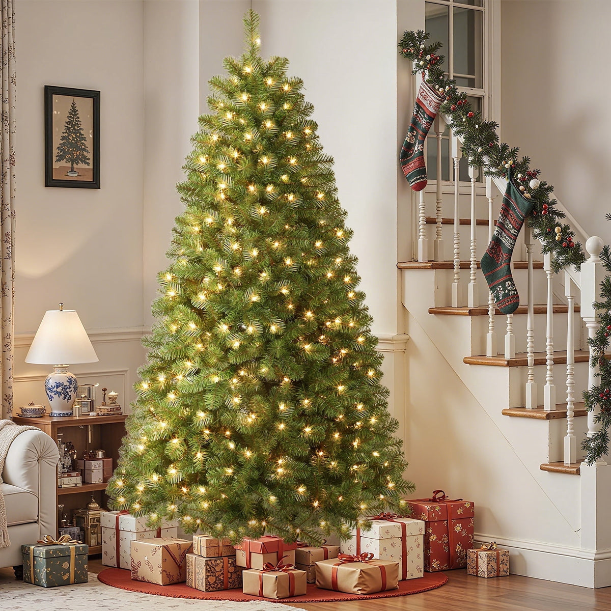 Lolsea 7ft Pre-Lit Premium Artificial Hinged Christmas Tree w/ Warm White Lights, Perfect Choice for Xmas Decoration