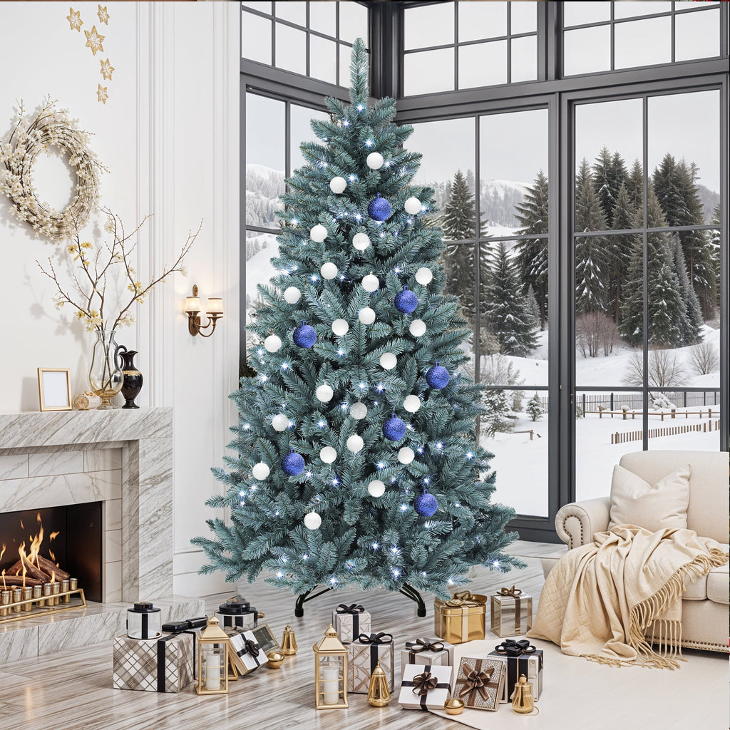 Uforic 6ft Pre-Lit Hinged Spruce Artificial Christmas Tree with 880 PVC Branch Tips & 450 Lights, Blue