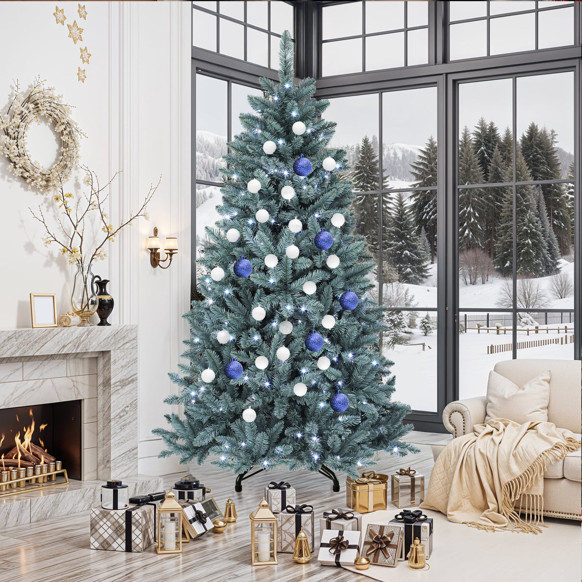 Uforic 6ft Pre-Lit Hinged Spruce Artificial Christmas Tree with 880 PVC Branch Tips & 450 Lights, Blue