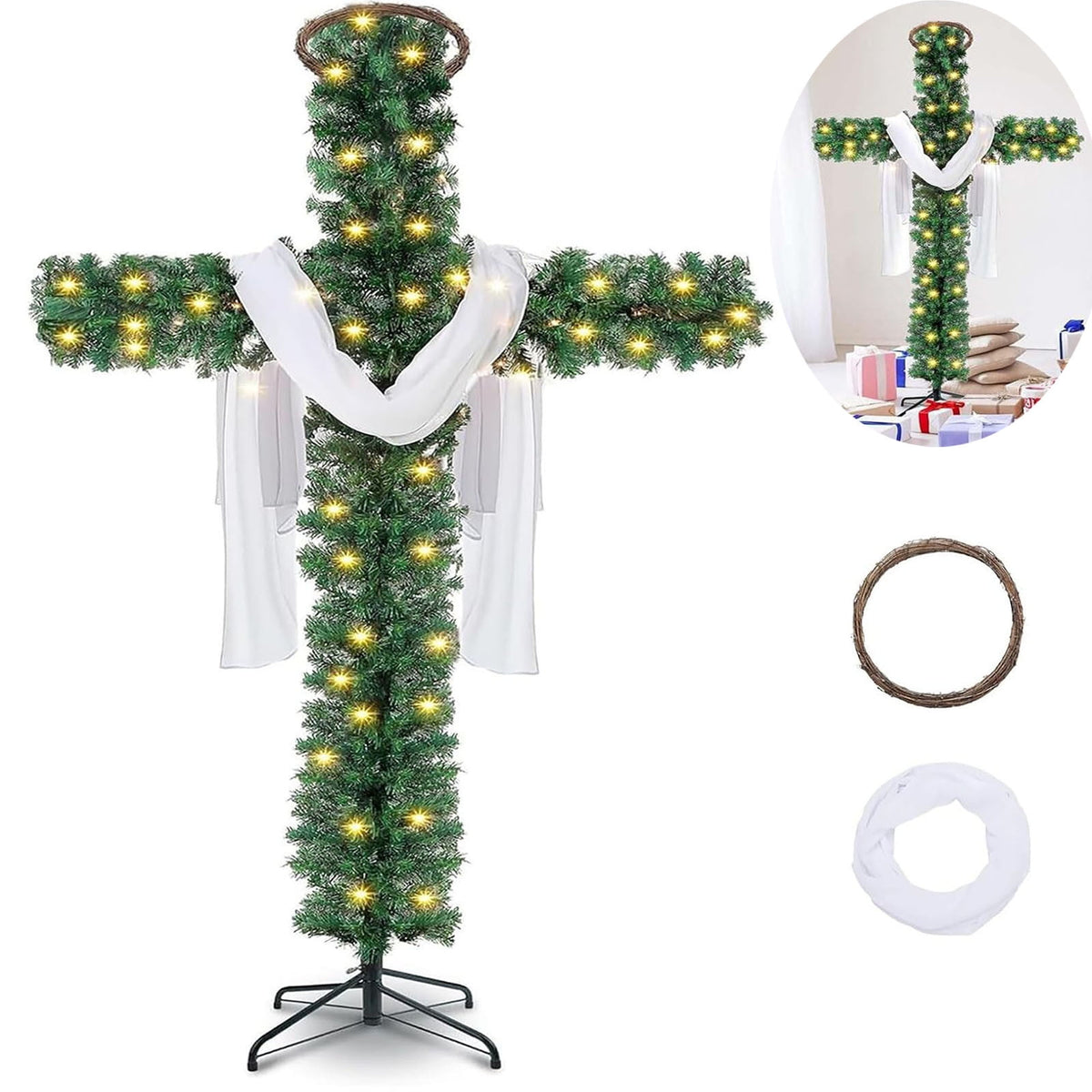 XEOVHV 6Ft Cross Christmas Tree,Foldable Cross Christmas Tree,Christmas Tree Shaped Like a Cross,Pre-Lit Artificial Pine Christmas Cross,with 50 LED Light and Silk Scarf Wood Rattan Ring