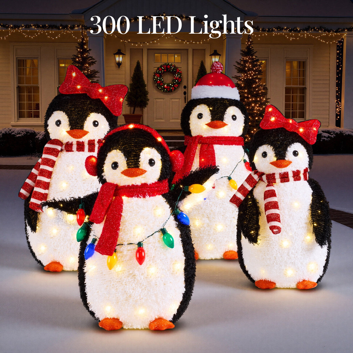Best Choice Products 4-Piece Lighted 3ft Pop-Up Penguin Family Outdoor Christmas Decoration w/ 300 LED Lights - Red