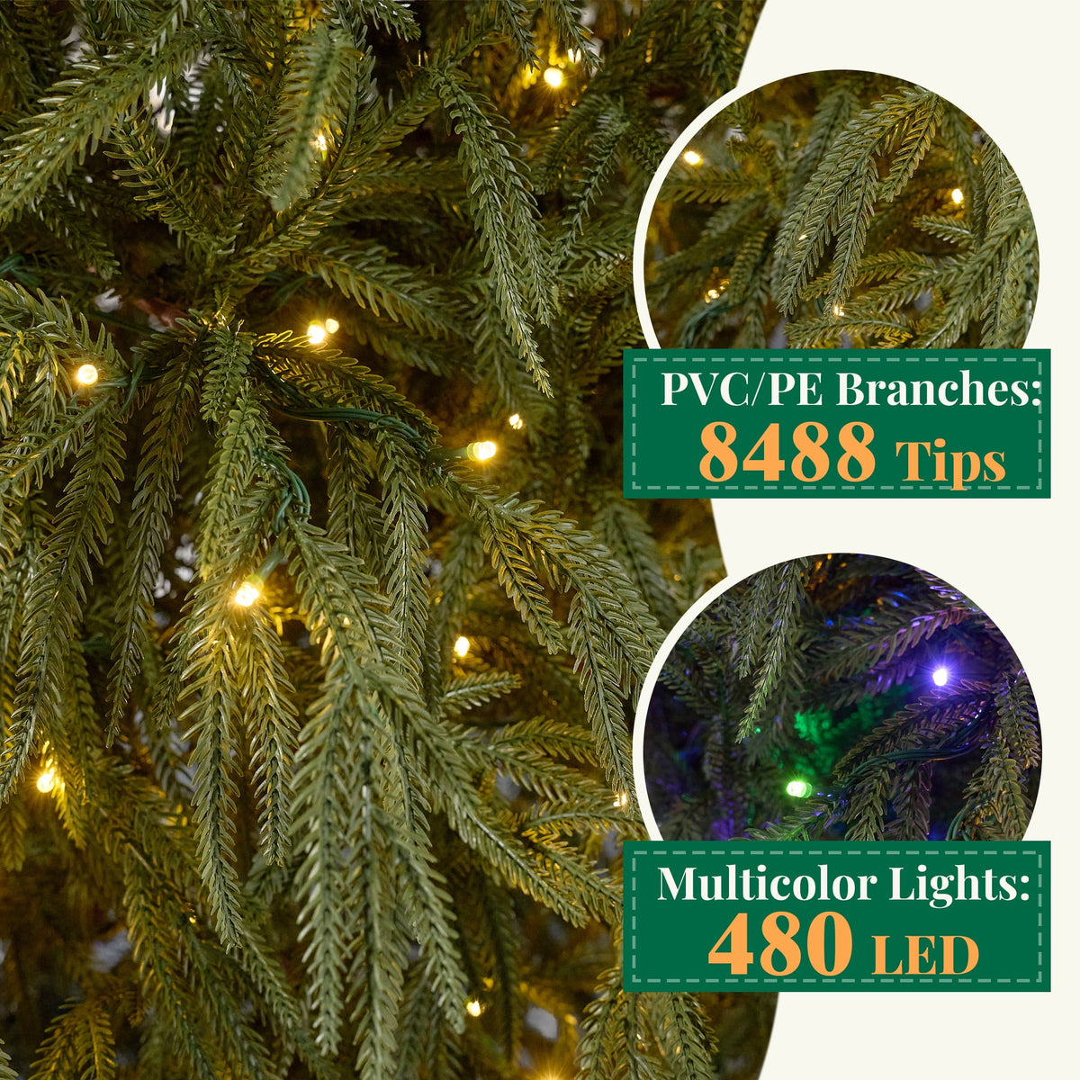 Goosiay 7 ft Pre-Lit Norfolk Pine Christmas Tree, PE Slim Artificial Tree with 300 Warm White & Multicolor 10-Function Lights, 6718 Branch Tips,Green