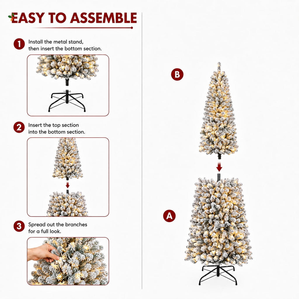 DRNEWI 6.5ft Prelit Snow Flocked Artificial Pencil Christmas Tree with Warm White Lights, Full Branch Tips, Perfect Choice Decoration for Xmas Holiday
