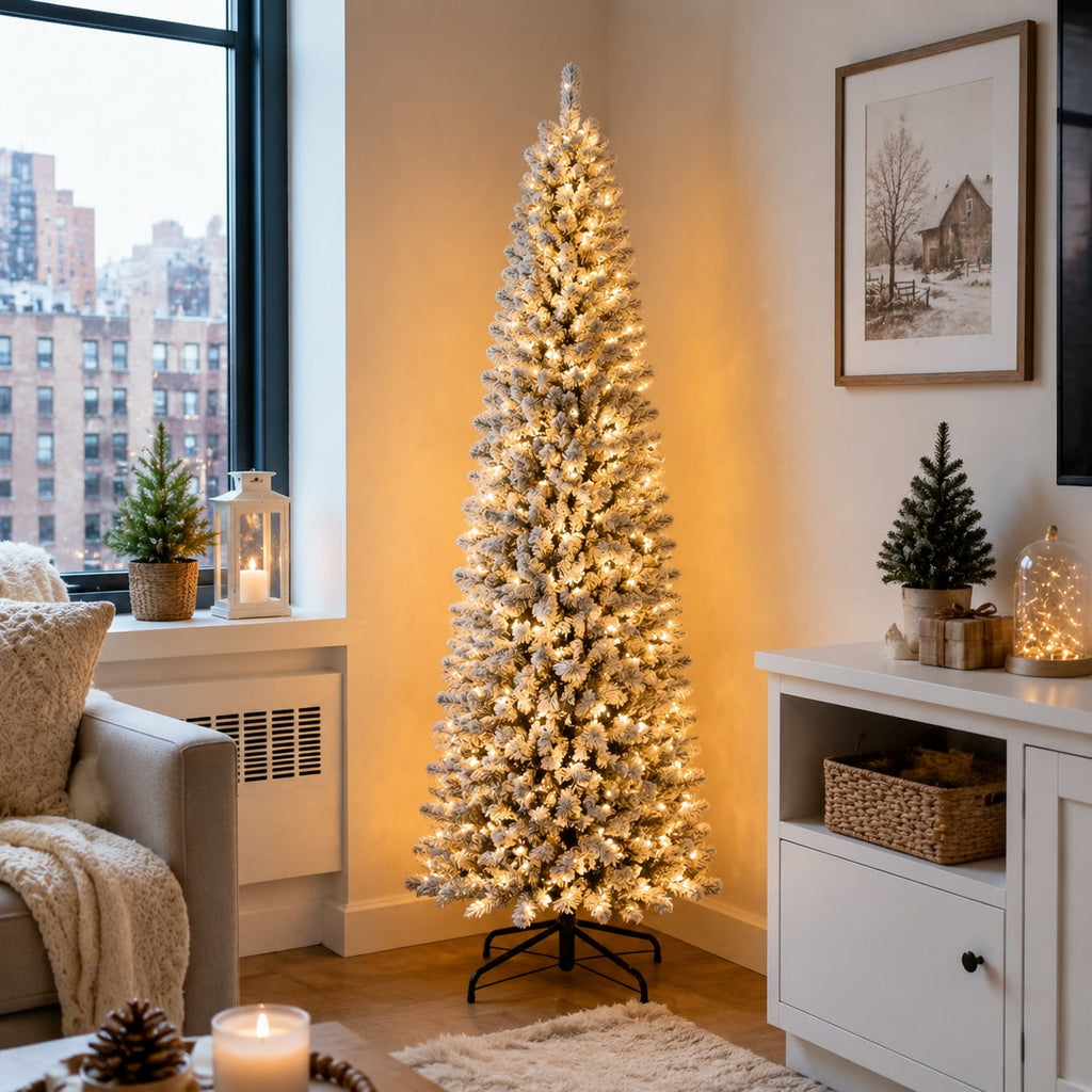 DRNEWI 6.5ft Prelit Snow Flocked Artificial Pencil Christmas Tree with Warm White Lights, Full Branch Tips, Perfect Choice Decoration for Xmas Holiday